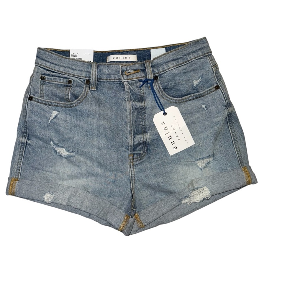 Eunina Light Blue Distressed Ultra High Mom Jean Shorts